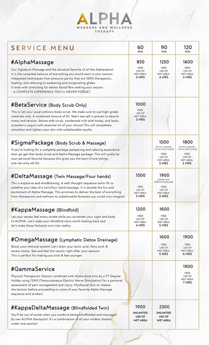 massage_alpha's tweet photo. SAVE AS MUCH AS 200 PESOS WHEN YOU AVAIL THE #AlphaMassage Rainy Season Promo below ๐๐ป
Service Menu & Rates
Location Map
OPEN TIL 3AM WITH 40 SLOTS PER HOUR!
Free flowing vodka at the lounge ๐ธ
Cookies, coffee, tea ALL FREE!
Walk-ins are welcome! Let's go it's #SlumberSaturday https://t.co/tIhKyy8JjK