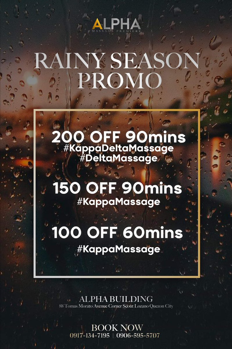 massage_alpha's tweet photo. SAVE AS MUCH AS 200 PESOS WHEN YOU AVAIL THE #AlphaMassage Rainy Season Promo below ๐๐ป
Service Menu & Rates
Location Map
OPEN TIL 3AM WITH 40 SLOTS PER HOUR!
Free flowing vodka at the lounge ๐ธ
Cookies, coffee, tea ALL FREE!
Walk-ins are welcome! Let's go it's #SlumberSaturday https://t.co/tIhKyy8JjK