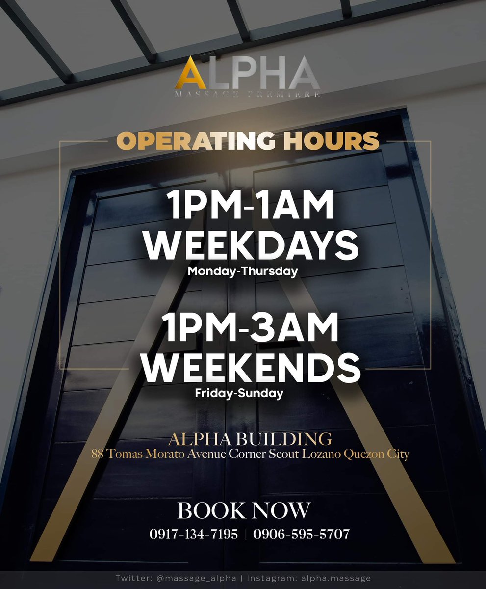 massage_alpha's tweet photo. SAVE AS MUCH AS 200 PESOS WHEN YOU AVAIL THE #AlphaMassage Rainy Season Promo below ๐๐ป
Service Menu & Rates
Location Map
OPEN TIL 3AM WITH 40 SLOTS PER HOUR!
Free flowing vodka at the lounge ๐ธ
Cookies, coffee, tea ALL FREE!
Walk-ins are welcome! Let's go it's #SlumberSaturday https://t.co/tIhKyy8JjK