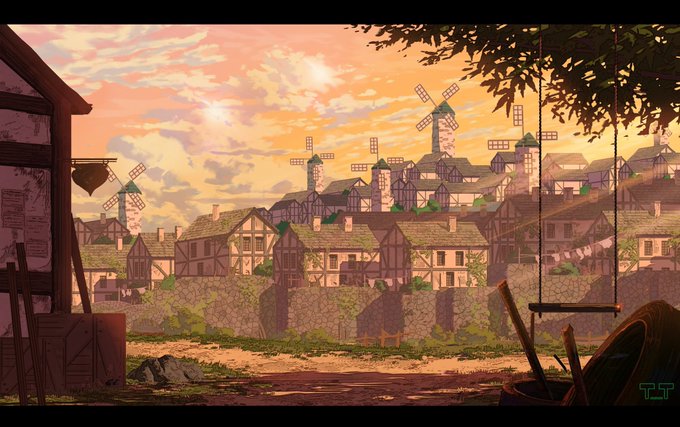 夕方の風車街#イラスト #背景 