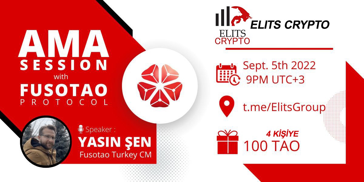 ElitsCrypto's tweet photo. 🎙️We're pleased to announce  #AMA With @FusotaoProtocol at 5th September ~ 09.00 PM (UTC+3)
💰Rewards Pool:400 TAO~4ppl
🏠Venue: https://t.co/QV78o2FRaY
〽️Rules:
1⃣ Follow us
2⃣ Like &amp; RT Tag 3 Friends (Max 3 questions👇) https://t.co/mEXK6sGsb6