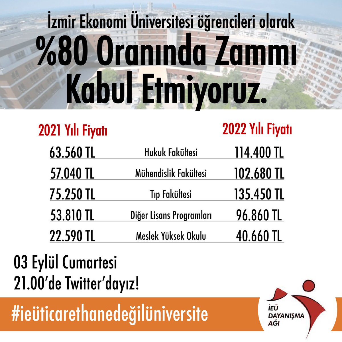 ieu_dayanisma's tweet photo. İzmir Ekonomi Üniversitesi öğrencileri olarak bugün 21.00’de Twitter’dayız.

Müşteri değil öğrenciyiz, ticarethane değil üniversite istiyoruz! https://t.co/SxUNdsrFks