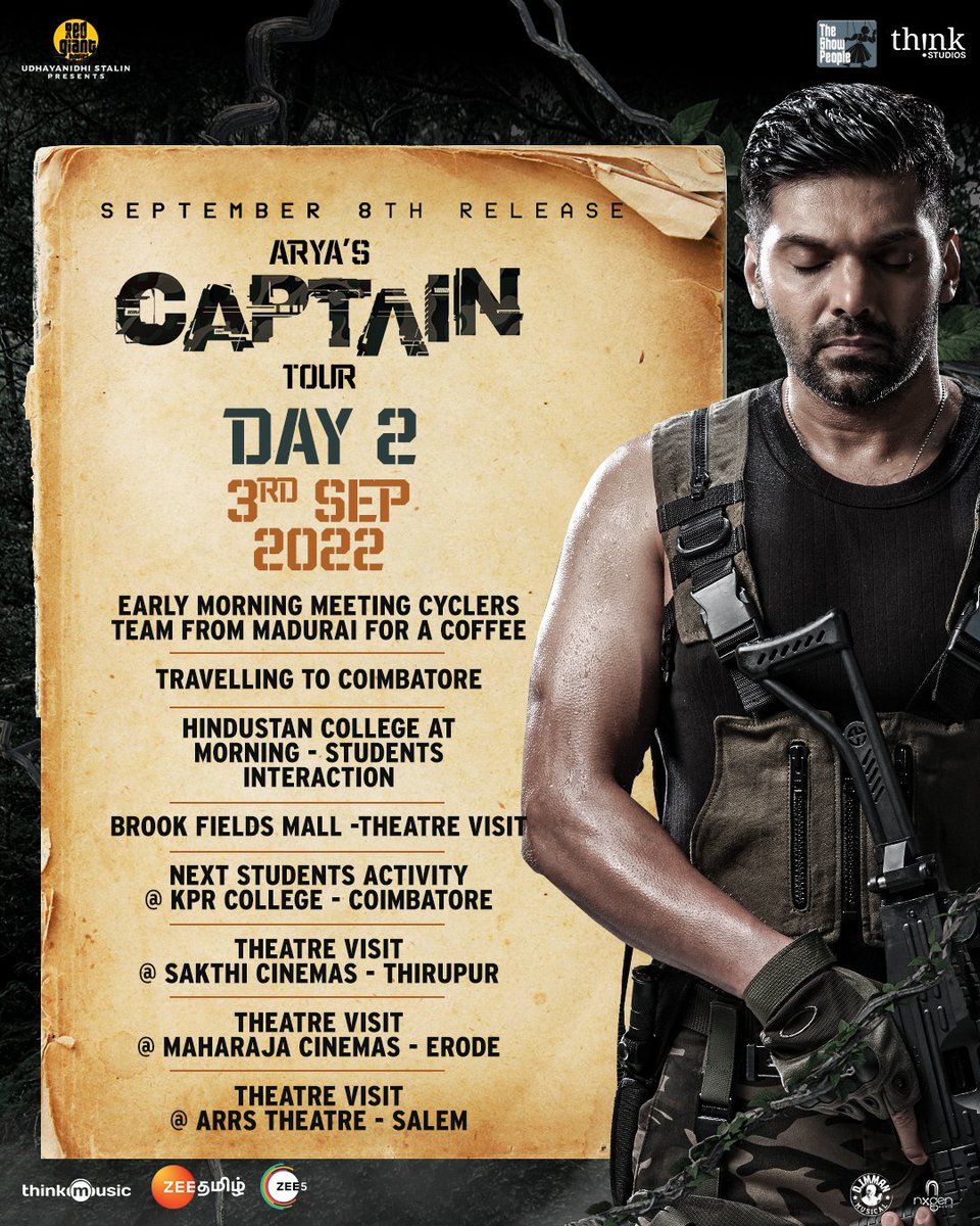 kayaldevaraj's tweet photo. Don't miss your chance to meet #Arya while he's on his #CaptainParade! 5 days to go for #Captain in theatres π
@arya_offl @ShaktiRajan @SimranbaggaOffc #AishwaryaLekshmi @adithyalive @immancomposer @madhankarky @tkishore555 @thinkmusicindia #TheShowPeople @RedGiantMovies_ https://t.co/T7yRJMoud6