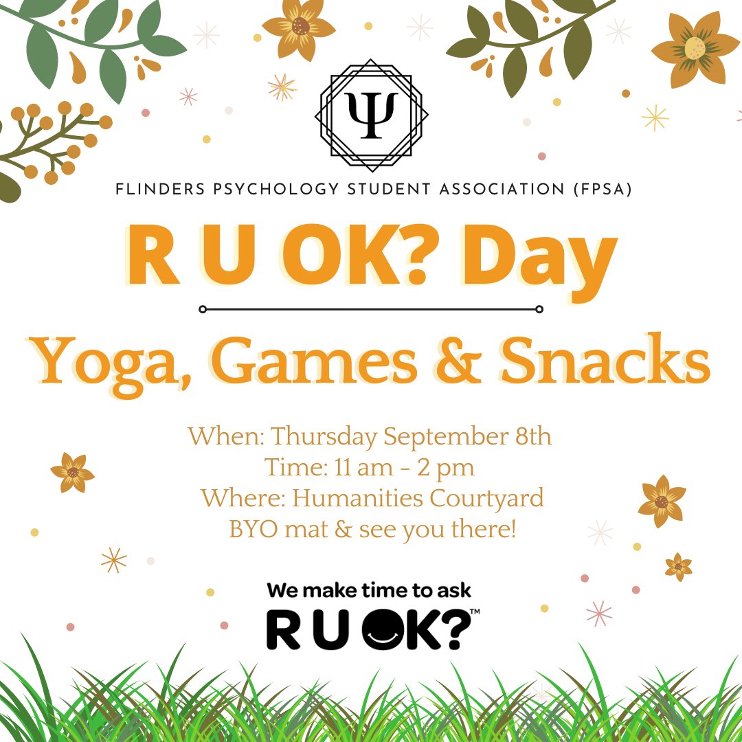 FlindersFPSA's tweet photo. Hey everyone!
The FPSA will be hosting an RU OK? Day session this Thursday (September 8th). Come join us for yoga, games, snacks, and a chat :) https://t.co/0ETeSTquoT