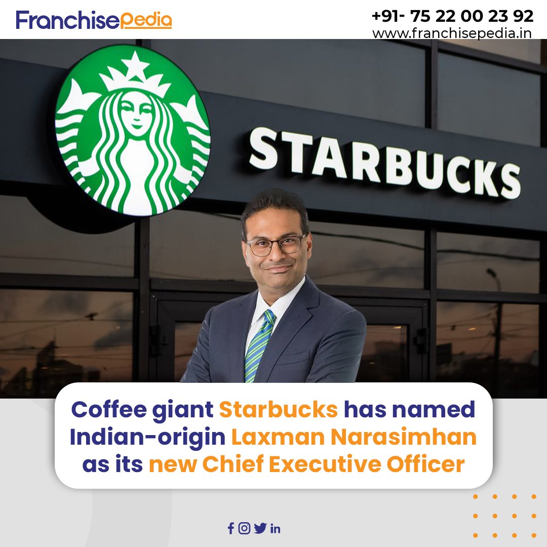 VFranchisepedia's tweet photo. Indian-origin Laxman Narasimhan has been named the new Chief Executive Officer (CEO) of global coffee giant #Starbucks, replacing Howard Schultz. The internet is beaming with joy, on this announcement!

For keeping a tap on all the business-related news, follow us now 📲 https://t.co/1ZDA00PPnB