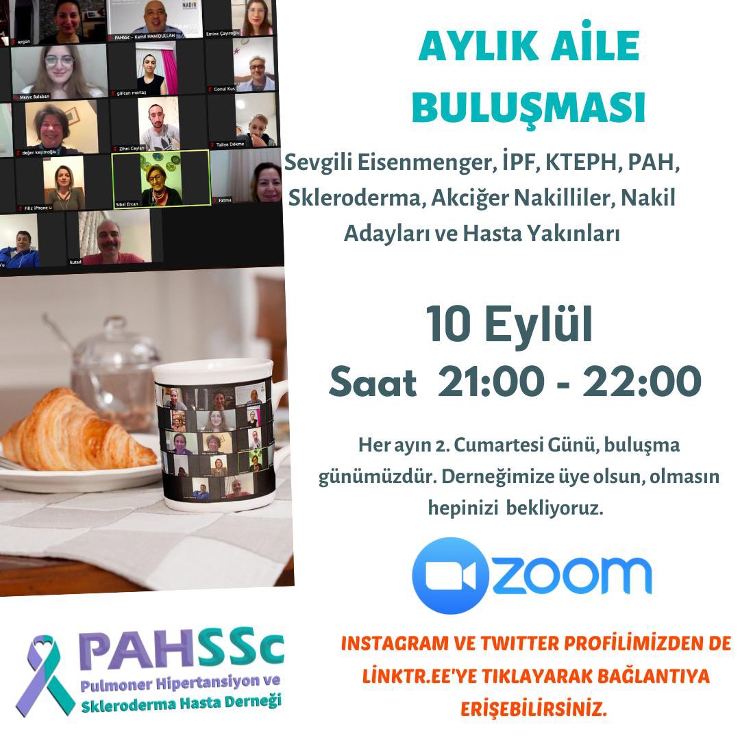 PAHSScDernegi's tweet photo. 📌 Derneğimize üye olsun, olmasın hepinizi Aylık Aile Buluşmamıza bekliyoruz.

10 Eylül Cumartesi
21:00-22:00

Zoom Toplantısına Katılın
https://t.co/x8ef4KjqGr

Toplantı Kimliği: 868 315 7883
Parola: MAxVs8
#PulmonerHipertansiyon
#Skleroderma https://t.co/77wExnUD61