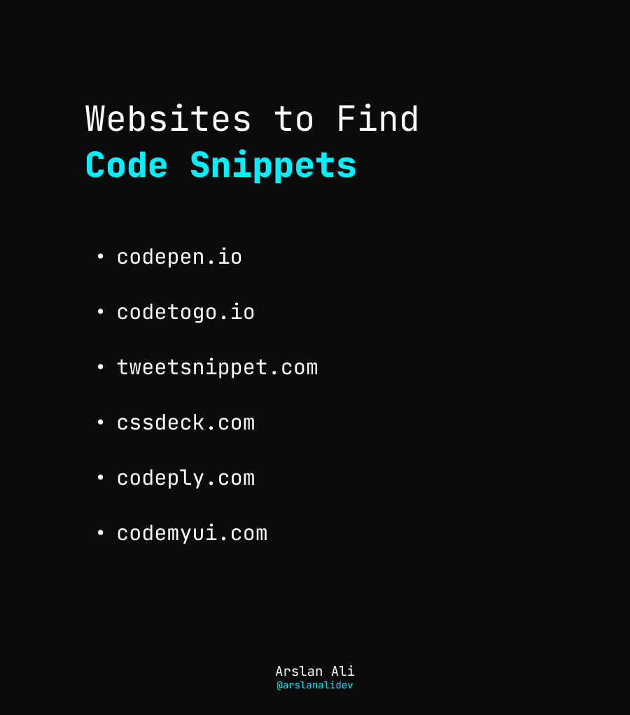 arslanalidev's tweet photo. Websites to Find Code Snippets 😎

#codepenio #codetogo #tweetsnippet #cssdeck #codeply #codemyui #aws #awscloud #awscommunity #nodejsdevelopment #awscommunitybuilders #awsusergroups #reactdeveloper  #serverless #lambda #webdeveloper #programmer #computer #reactjs #react #website https://t.co/58R5pGho98