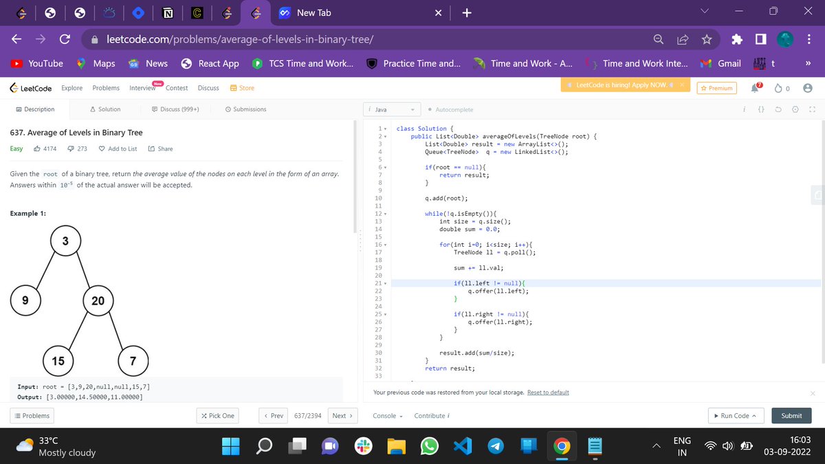 Tharunkumar1411's tweet photo. Day 43/100 #100DaysOfCode 

Solved a problem related to queue and tree data structure.  (Average of Levels in Binary Tree)

#java #leetcode #problemsolving #binarytree #bst https://t.co/x4UJ6I2ZeX