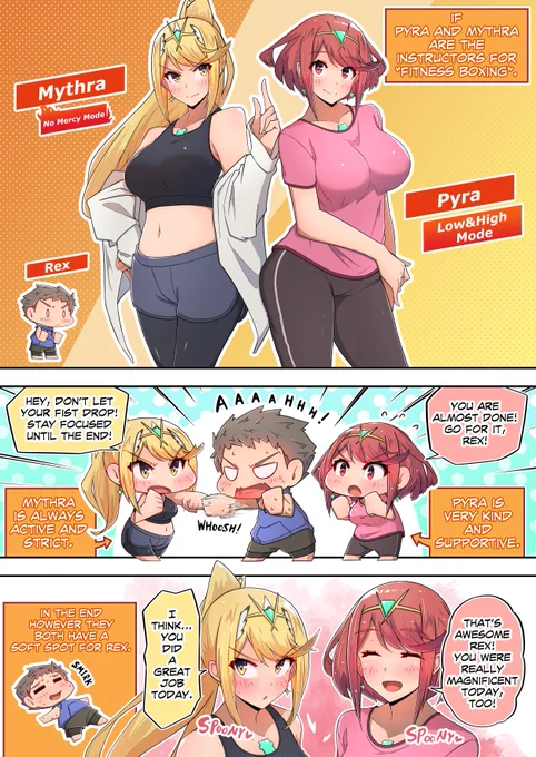 I drew this from my imagination of the addition of Pyra and Mythra as instructors exclusively for Rex in "Fitness Boxing".
With these two instructors, I feel like he can do my best in any fitness program.
#XenobladeChronicles2 #Pyra #Mythra 