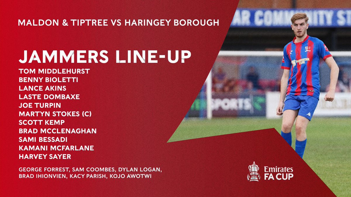 MaldonTiptreeFC's tweet photo. 🚨 Here’s how we line up for #MALHAR 

🦾 @LasteDombaxe starts in midfield.
🧱 @lance_akins at the back.
⚡️ Sami Bessadi in attack. https://t.co/up10KyrGxU