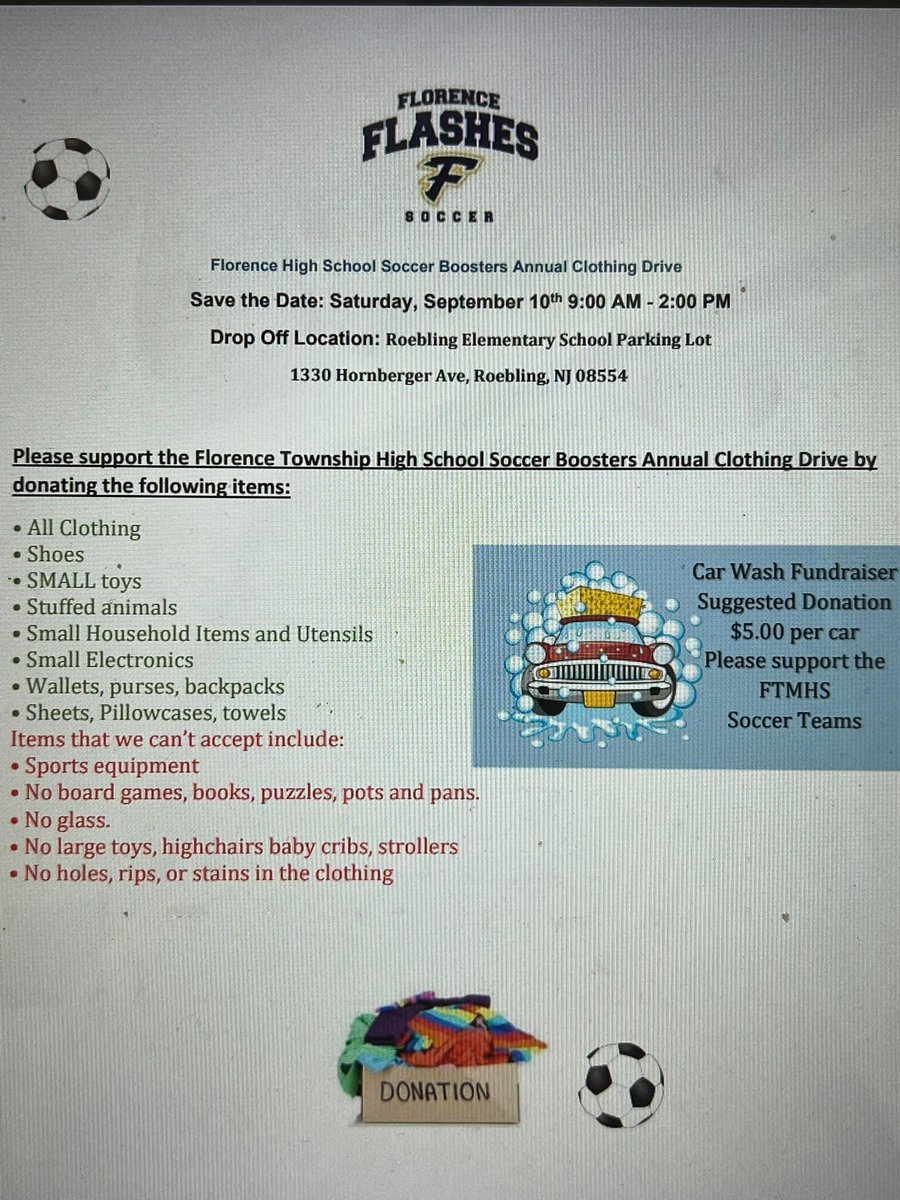 FTSD_Athletics's tweet photo. One week from today… Clothing drive and car wash fundraiser to benefit the FTMHS Soccer Booster Club. Get your clothing donations ready this weekend! https://t.co/ZnLWvrP8Fj
