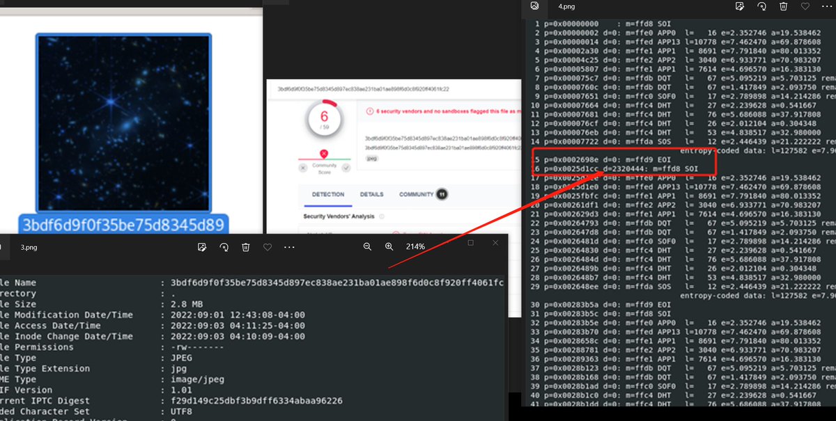 HaoZhixiang's tweet image. Malware hidden in JPEG images found
Jpeg-&gt;find segment data&gt;extract hex
&gt;decode base64
certutil.exe -dump .\payload.dmp &gt; ./1.bin
1.bin
de49baada80d7b2aba474251ac937236
@malwrhunterteam @blueteamsec1 @intrusion_truth @ShadowChasing1