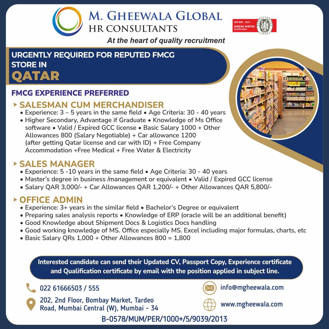 mgheewala_hrc's tweet photo. Job Vacancies for #qatar
Interested Candidates can send the updated resume to info@mgheewala.com
Learn More https://t.co/Ps4bxv1OLt
#qatarijobs #fmcg #salesman #officeadmin #salesmancummerchandiser #salesmanager #gcclicense #fmcg #sales https://t.co/XHhWLGPC01