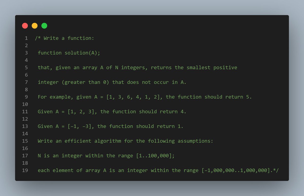 Abdullahioni2's tweet photo. I was able to solve 80% test cases of this codility challenge and scored 55% overall. Please any suggestion on other test cases ???

#javascript #coding #programming #programmer #webdevelopment #webdeveloper #100DaysOfCode #100daysofcodechallenge #100Devs #nigeriansatmicrosoft https://t.co/sO7MIAOsnI