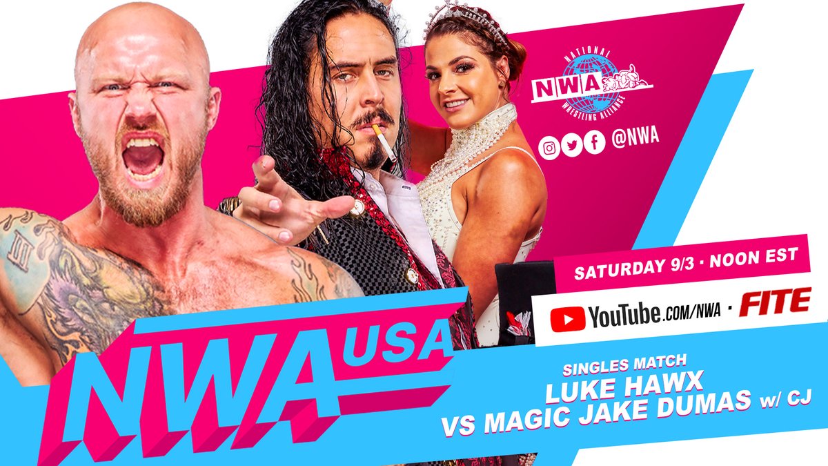Triller_TV's tweet photo. 📖#NWA74 is in the history books. Get ready for an all-new #NWAUSA on this #LaborDayWeekend.

😤Jax vs Dak
🔳Four-way match
🎩L. Hawx vs Magic Jake Dumas
and more

[ TODAY | Noon EST on #FITE | https://t.co/gxM0fFxzAW ] https://t.co/3eauWMnKFJ