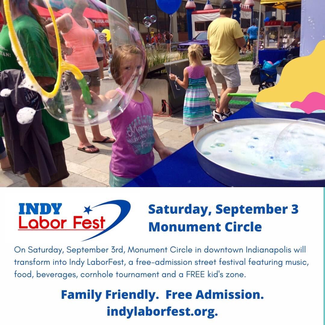 Morning, Indy Laborfest fans! Today is the BIG DAY! Join us for our family friendly, FREE admission street festival on Monument Circle from 11am to 6pm. Food trucks, Sun King beer, FREE Kids Zone, cornhole tournament and more. Share your photos from the Fest using #indylaborfest!