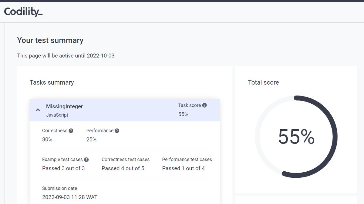 Abdullahioni2's tweet photo. I was able to solve 80% test cases of this codility challenge and scored 55% overall. Please any suggestion on other test cases ???

#javascript #coding #programming #programmer #webdevelopment #webdeveloper #100DaysOfCode #100daysofcodechallenge #100Devs #nigeriansatmicrosoft https://t.co/sO7MIAOsnI