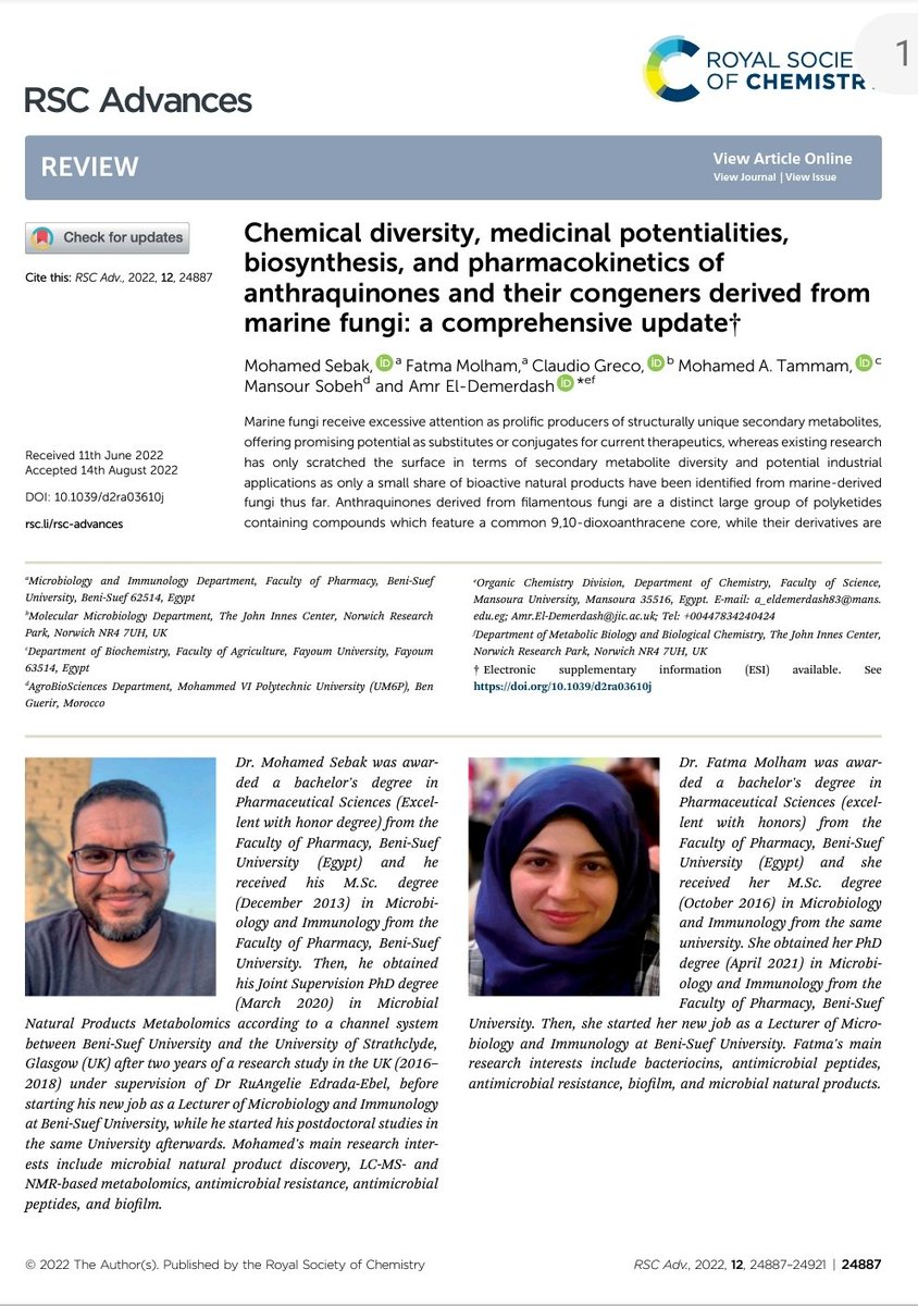 Happy to lead and share our latest comprehensive review article centered around anthraquinones from marine fungi. Now published in RSC advances