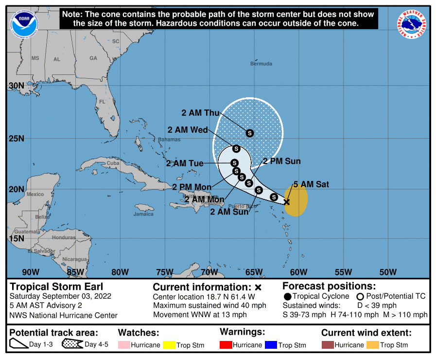 tropicalupdate's tweet photo. Good morning Earl. Latest NHC track update. High confidence on that curve. EURO ensembles still being sneaky. Storm is close enough to the northern Lesser Antilles and VI they are feeling. https://t.co/Hk3pbO7x8H https://t.co/ZnQ1NppDAY