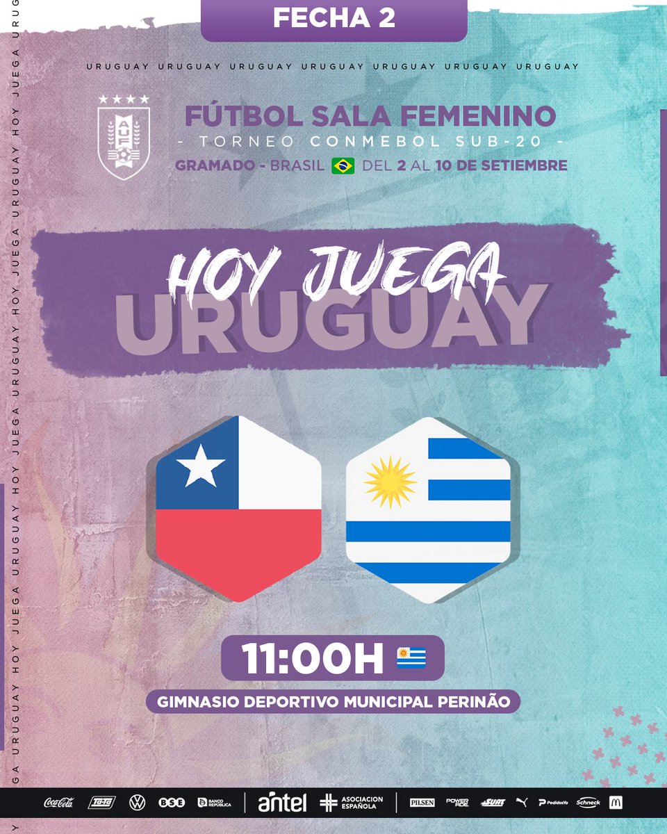 AUFfutbolsala's tweet photo. 🇺🇾 ¡𝗛𝗢𝗬 𝗝𝗨𝗘𝗚𝗔 𝗨𝗥𝗨𝗚𝗨𝗔𝗬!

La Selección femenina disputará su 𝐩𝐫𝐢𝐦𝐞𝐫 𝐩𝐚𝐫𝐭𝐢𝐝𝐨 en la CONMEBOL sub-20.

💪🏻 ¡Vamos, chicas! 

#ElEquipoQueNosUne #Sub20FSFem https://t.co/OUbCzMS1PJ