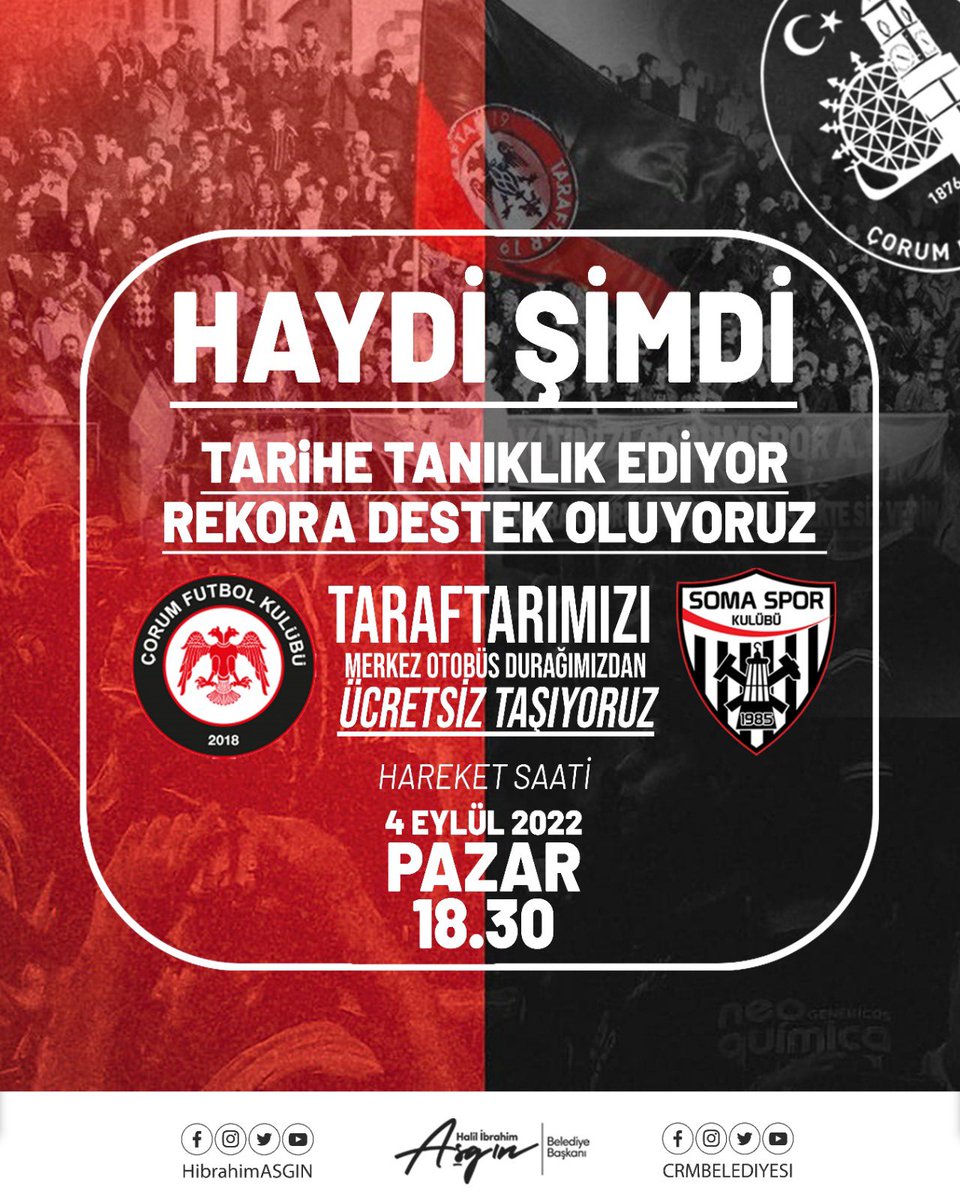 crmbelediyesi's tweet photo. Çorum Futbol Kulübümüz ve Soma Spor Kulübü’nün 4 Eylül Pazar 20.00’de ki karşılaşması için 18.30’da hareket ediyoruz. ❤️🖤
#ÇorumİçinAşkla https://t.co/Gp8kZNrsId