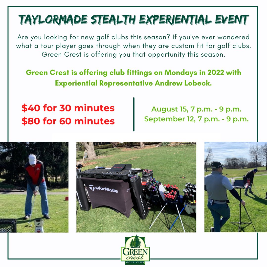 Schedule a club fitting at Green Crest to improve your game!
Click here to sign up for August 15: bit.ly/3ORm9Ng Click here to sign up for September 12: bit.ly/3zkNamJ