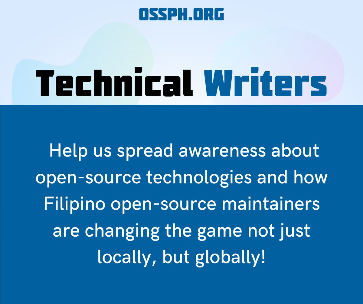 OSSPhilippines's tweet image. We need help! OSSPH is looking for volunteers! 🙇‍♂️

Available positions include:

✍️ Technical Writers
🤓 Discord Admins
🎫 Event Organizers

Help us spread awareness about open source software development and highlight the hardworking Filipino open source developers behind it.