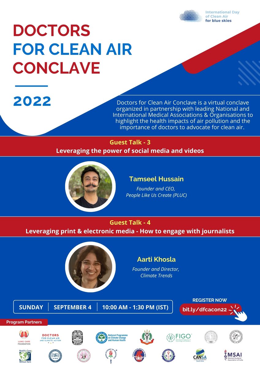 icareforlungs's tweet photo. Meet our speakers for the #DFCACon who will be talking about how #doctors can lead the fight for #CleanAir by leveraging the power of social, print & electronic media.
Register Now🔗https://t.co/2vZmo9KAqH
📅 Sunday, Sept 4 | 10:00 AM - 1:30 PM (IST)
#TheAirWeShare https://t.co/1JRElhKhKC