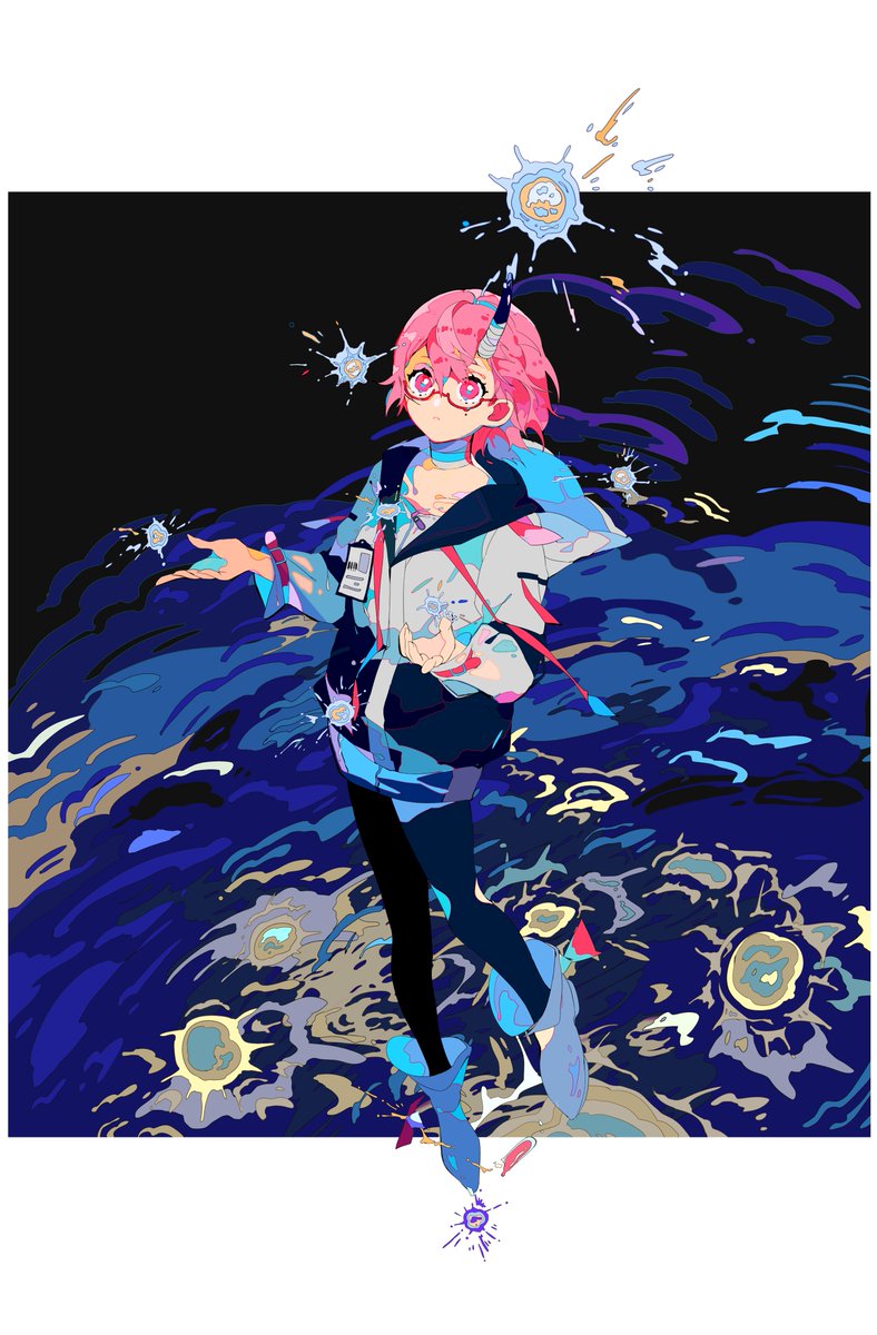 1girl solo pink hair horns glasses short hair pink eyes  illustration images