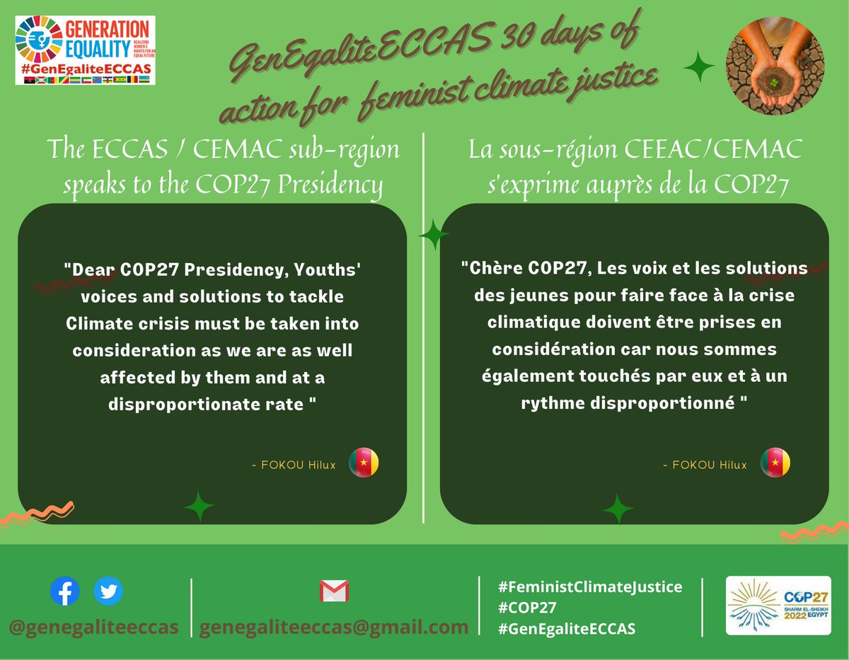 GenEgaliteECCAS's tweet photo. Jour 3: Écoutons le message de @FOKOUHilux1 à la Présidence de la COP27 (@Cop27P ). 
La voix des adolescents doit être prise en compte !

Day 3: Listen to the message of this adolescent, the voices of the youths must be heard!

#FeministClimateJustice
#COP27
#GenEgaliteECCAS https://t.co/AtTPmqRIeT