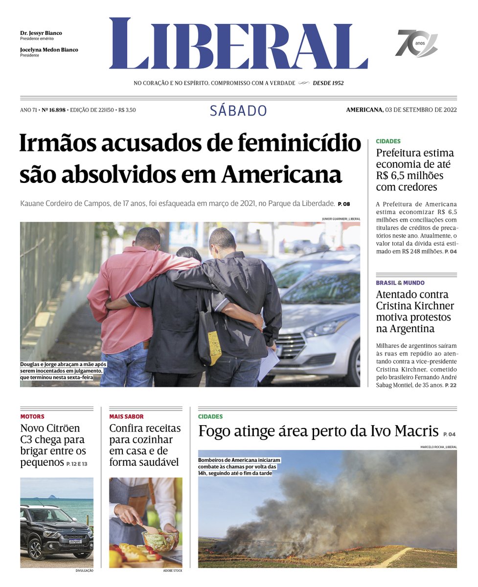 Bom dia. Esta é a primeira página da edição deste sábado, dia 3 de setembro de 2022, do jornal Liberal. Acesse: liberal.com.br