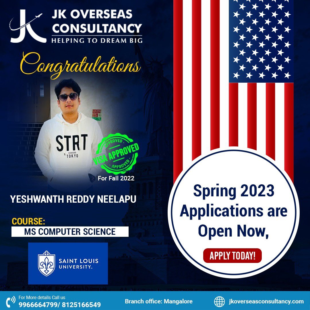 OverseasJk's tweet photo. Hearty #Congratulations to Yeshwanth Reddy Neelapu for getting the #VisaApproval for #SaintLouisUniversity. #Spring2023 applications open now.
πWebsite : https://t.co/MKKIEI9HGW
#JKOverseas #Visa #MSComputerScience #StudentVISA #USA #StudyInAbroad #Consultancy #Education https://t.co/XZeRIJApNr