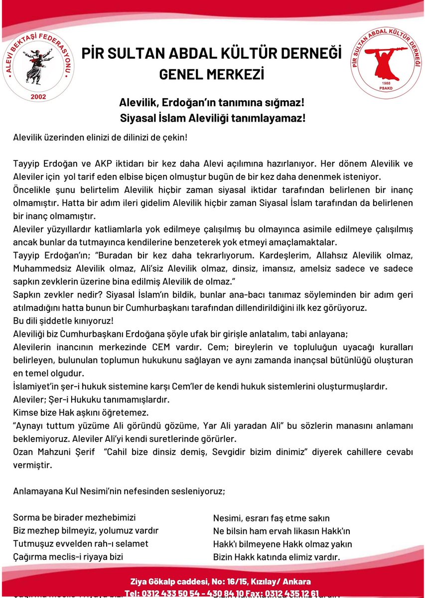 Ebu Suud'dan Tayyip Erdoğan'a Siyasal İslamın Aleviliğe bakışı hiç değişmedi.
Sapkın, yok edilmesi gereken bir halk taifesi olarak görüldük halen aynı bakış açısıyla bir Cumhurbaşkanı tarafından hedef gösterildik, şiddetle kınıyoruz!
#Alevilik #Alevi