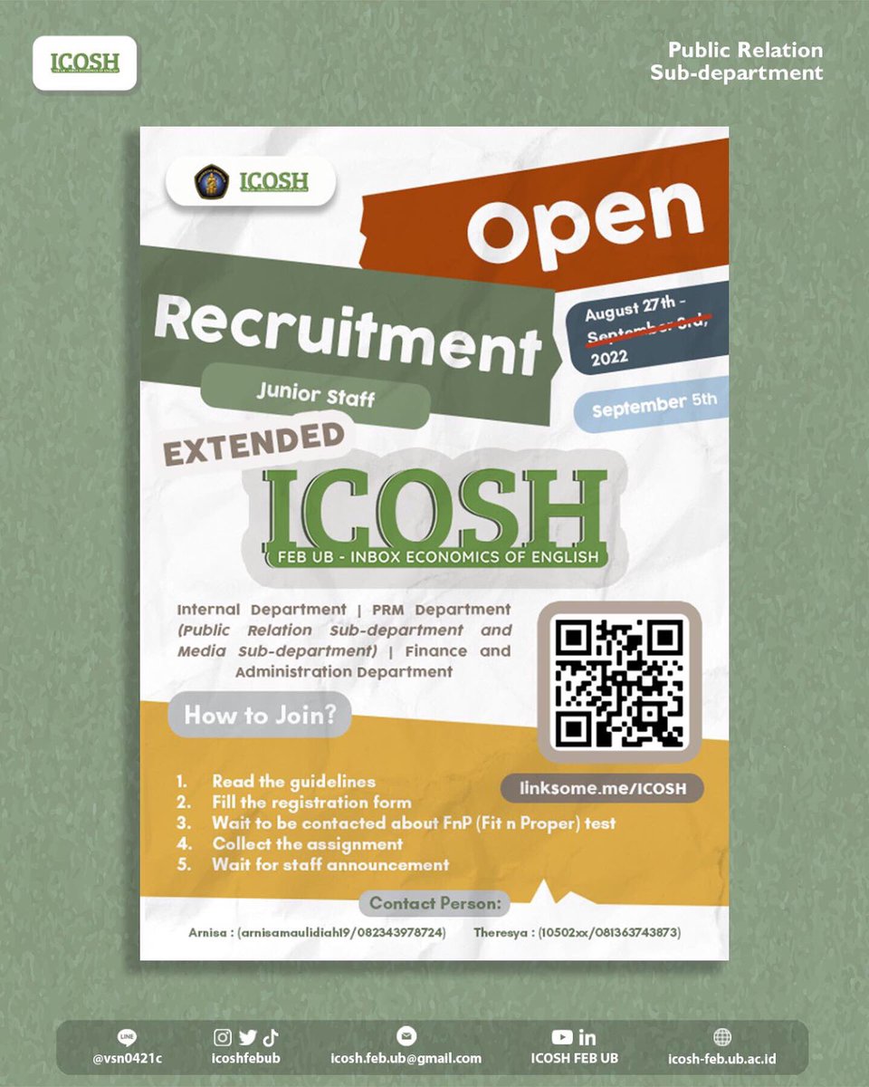 ICOSHFEBUB's tweet photo. [EXTENDED OPEN RECRUITMENT] 

Hello, #ICOSHFAMS👋  

There are so many participants who have not had time to register because the time is very short. 

Therefore, we are exending the registration period for junior staff ICOSH https://t.co/mYBEFZillM