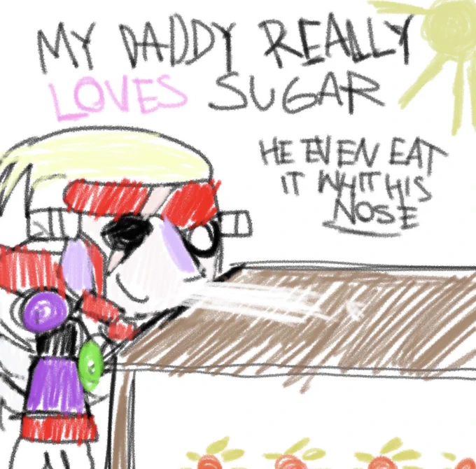 子どもがお砂糖を吸うパパの絵を描いたらパパが捕まったという海外のニュースからヒントを得ました

※不謹慎なら消します 