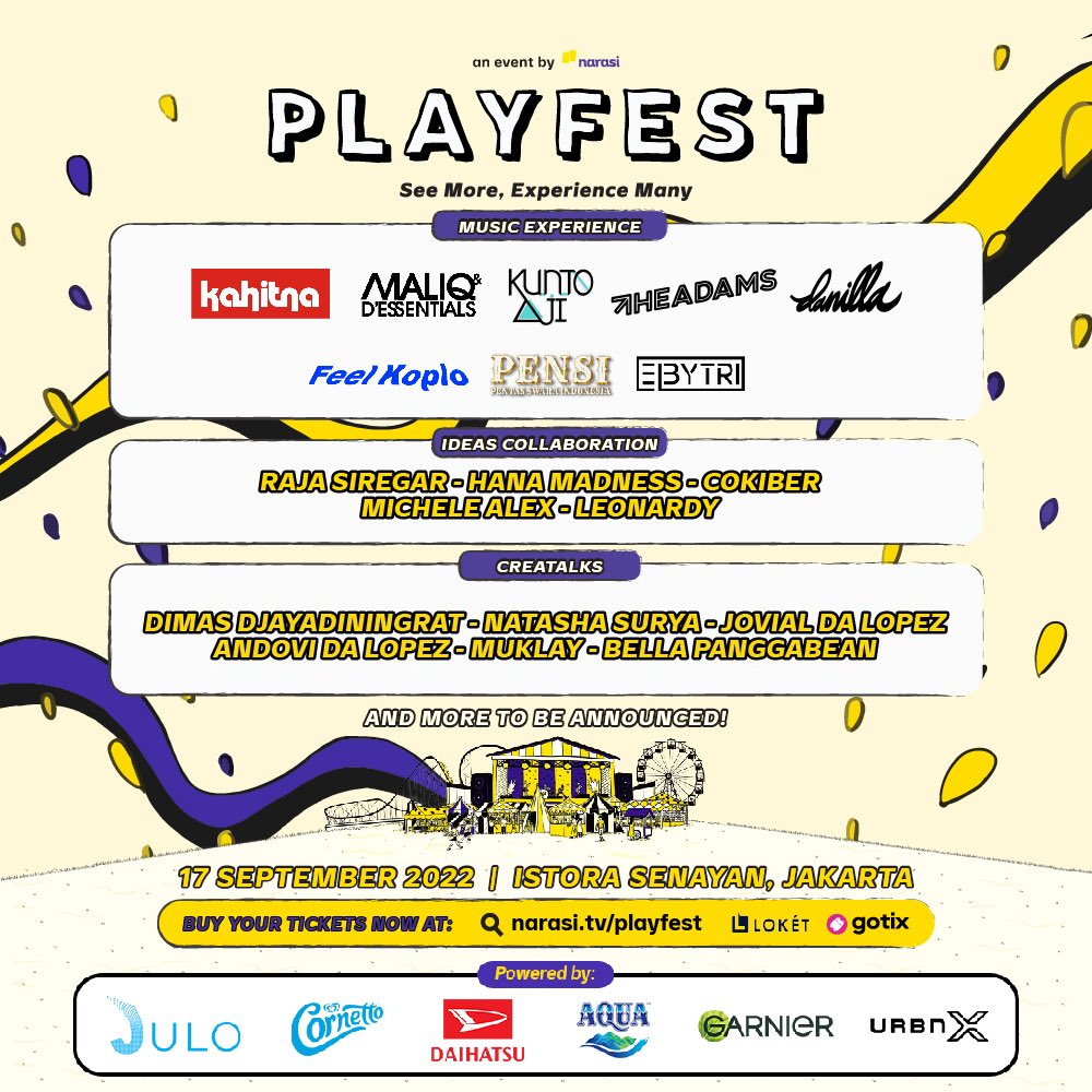 playfestnarasi's tweet image. Yuhuu~!! Ini dia lineup yang akan hadir dan seru-seruan di Playfest 2022! 🥳

Eits tenang, masih ada lagi kok.😜

Makanya, buruan beli tiketmu sekarang ya!

Sampai bertemu tanggal 17 September di Istora Senayan! | Playfest

#Playfest2022 #ReactivateYourSense