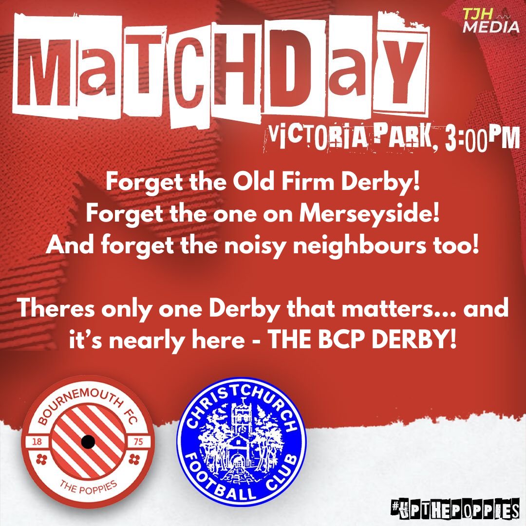 BIG DERBY DAY!
It’s all about the big Derby match as Poppies welcome Church with both teams eager for 3 points.

Today’s match partner is Academy TV.

<a href="/Bournemouthecho/">Bournemouth Echo</a> 
@EchosportDan 
@EchoSportJack 
<a href="/WessexLeague/">Velocity Wessex League</a> 
<a href="/mediabmth/">media@bournemouth</a> 
<a href="/Journalism_BU/">Journalism at Bournemouth Uni</a> 
<a href="/SUBUBournemouth/">Students' Union at Bournemouth University</a> 
<a href="/swsportsnews/">South West Sports News</a>