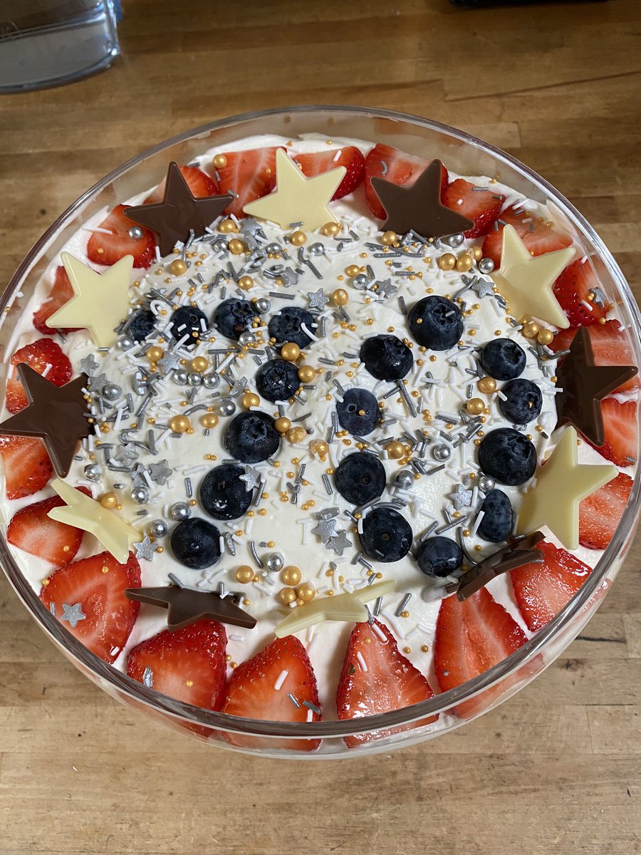 SJackaman's tweet photo. Birthday trifle all finished- now the challenge of getting it to Bicton on the bus 🥳🙈🥳 #summer #properpudding @sainsburys https://t.co/pfy4CjziuF