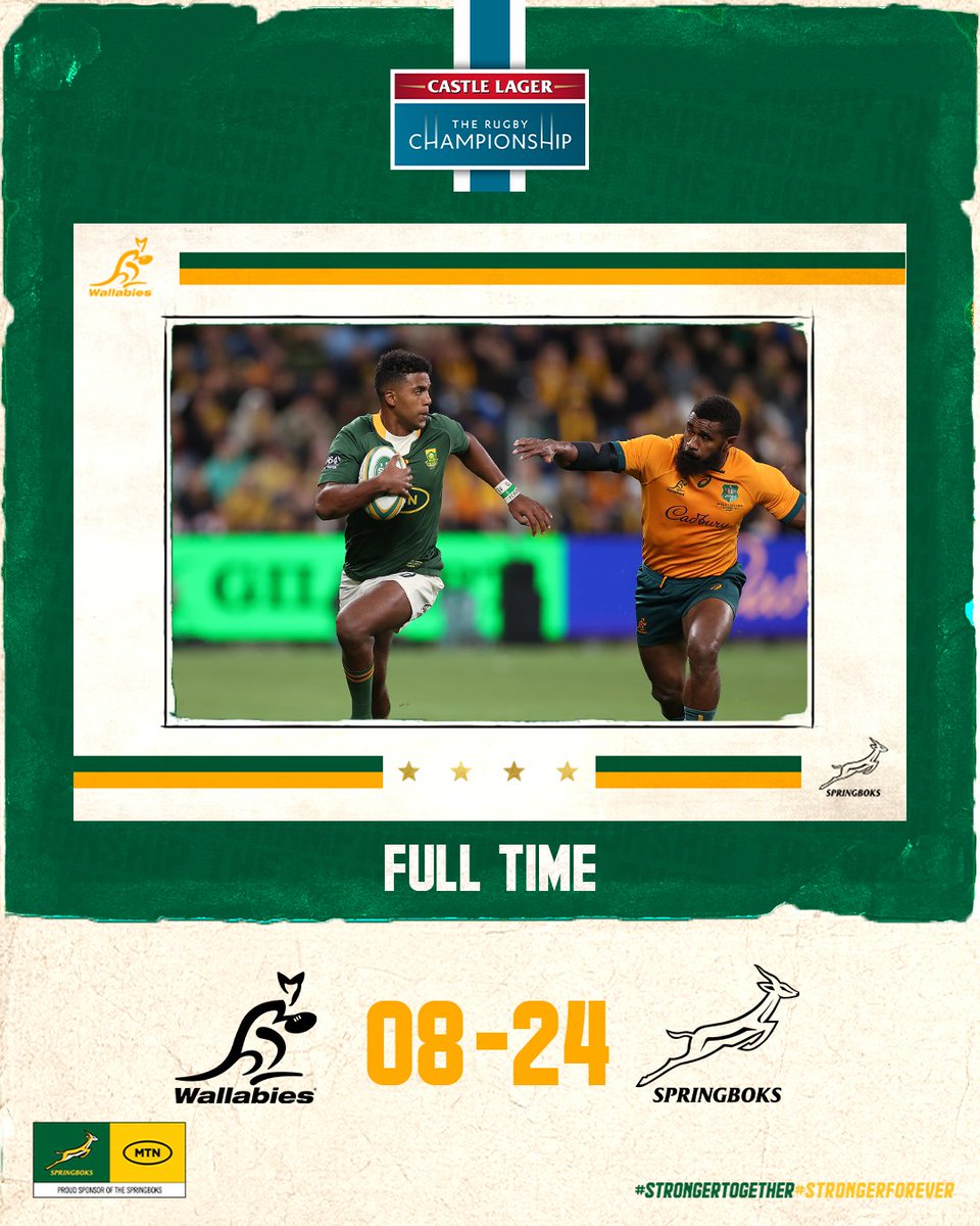 🇿🇦 That’s it, a first win in Australia since 2013! Well done Boks and thanks to the @wallabies for two tough weeks of Test rugby! #StrongerTogether #StrongerForever #AUSvRSA #CastleRugbyChampionship