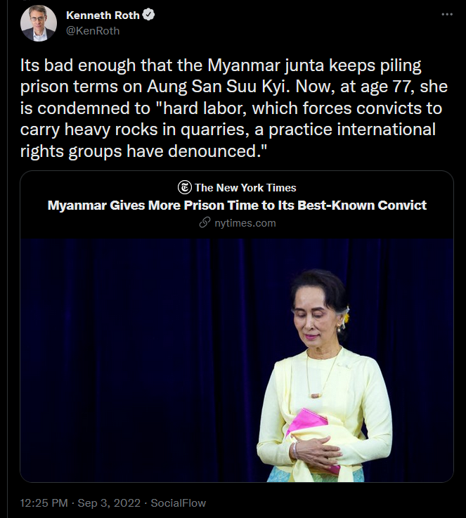 မနေ့ကအမေစုနဲ့သမ္မတကြီးကိုအလုပ်ကြမ်းနဲ့ထောင်ဒဏ်ချတယ်တဲ့။အမေစုအတွက်တချို့လူကြီးတွေရောလူငယ်တွေရော အပေါက်ပိတ်နေချိန် တို့က ပိုပြီးspeak outတွေspeak upတွေ လုပ်ပေးရပါမယ်။စိတ်ဓါတ်တော့ကျစရာမလိုပါဘူး။
<a href="/NUGMyanmar/">National Unity Government Myanmar</a> #MYANMAR
#WhatsHappeninglnMyanmar