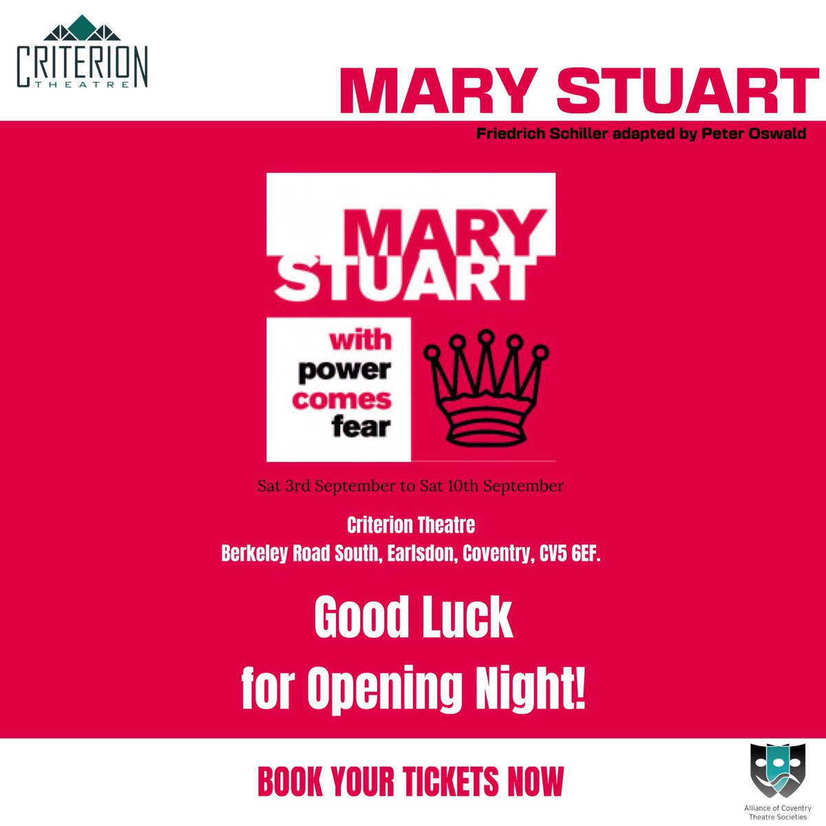 CoventryACTS's tweet photo. We are wishing the Cast and Crew of Mary Stuart the very best of luck for your opening night and for the rest of the run! 

The production runs until Saturday 10th September at @The_Criterion 

Get your tickets now at https://t.co/JusCuZVhTj https://t.co/eUpBLbYdw1