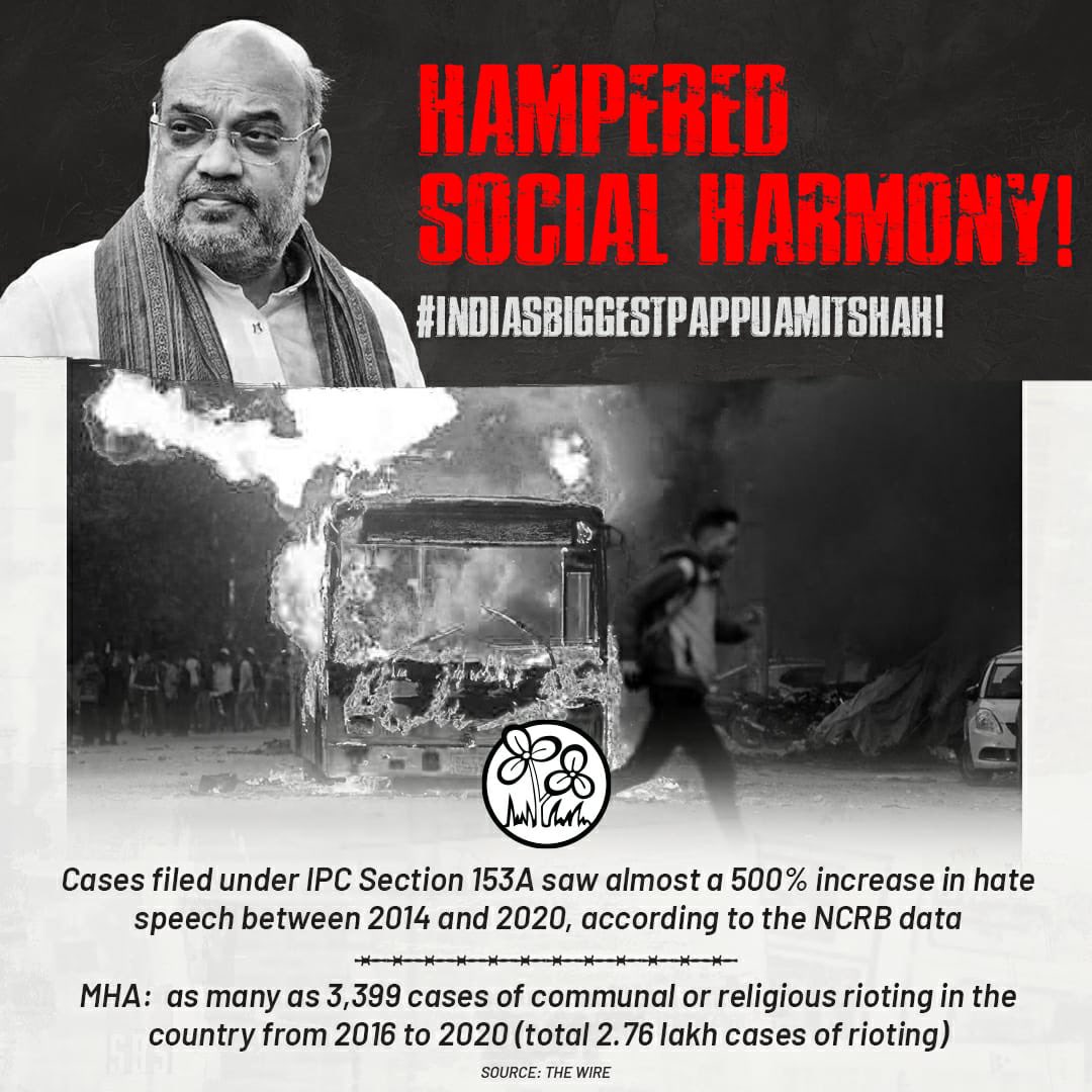 AITCofficial's tweet photo. HM @AmitShah has failed on every count - 

👎Internal Security COMPROMISED
👎Women's Safety COMPROMISED
👎Social Harmony COMPROMISED
👎Democratic Ethos COMPROMISED

So, we urge #IndiasBiggestPappuAmitShah to own up to his series of failures!

Your puppetery won’t distract us. https://t.co/q5OawGX1h5