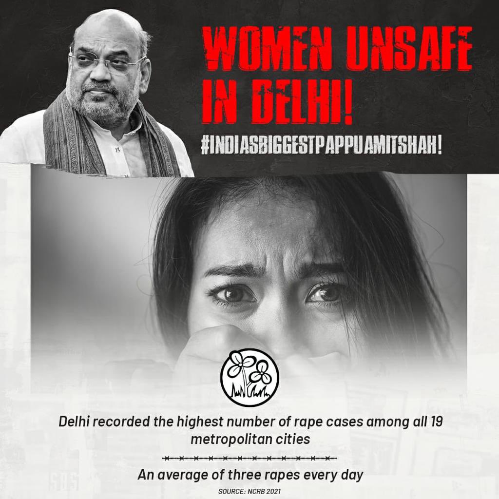 AITCofficial's tweet photo. HM @AmitShah has failed on every count - 

👎Internal Security COMPROMISED
👎Women's Safety COMPROMISED
👎Social Harmony COMPROMISED
👎Democratic Ethos COMPROMISED

So, we urge #IndiasBiggestPappuAmitShah to own up to his series of failures!

Your puppetery won’t distract us. https://t.co/q5OawGX1h5