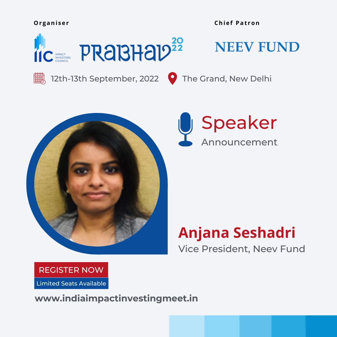 IIIC_India's tweet photo. We are glad to share Anjana Seshadri, @NeevFund will join a stellar line-up of speakers at #Prabhav2022. View the complete speaker line-up here: https://t.co/nfK3CufsAi
Attend India’s pre-eminent #impinv convention, register now: https://t.co/U3n8PR7mDV
#impinv #Socialimpact https://t.co/x9aeI1PRTr