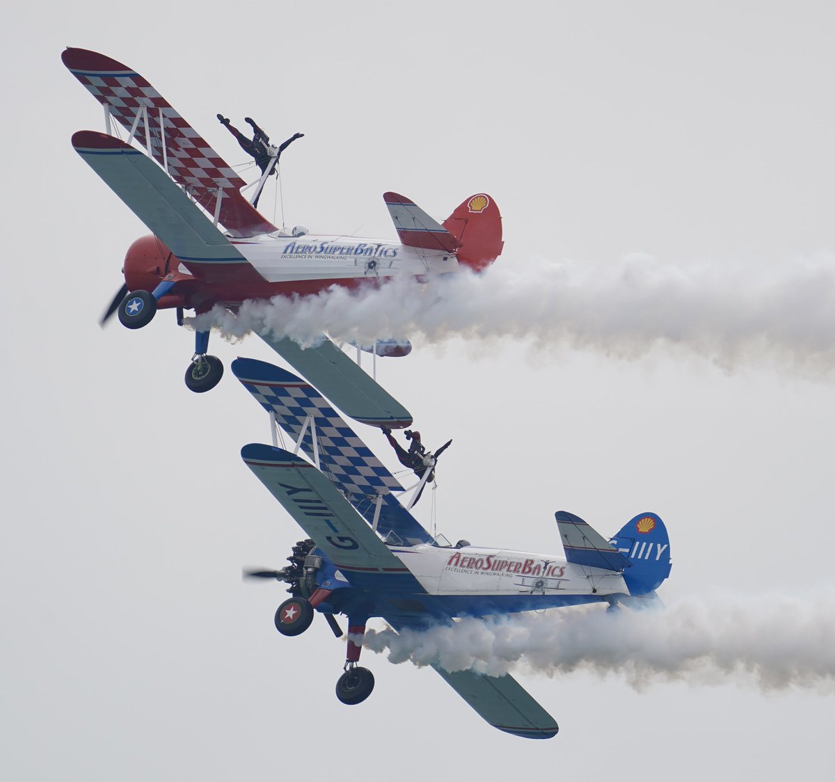 RichardCrease's tweet photo. Day three of the Platinum Jubilee Bournemouth Air Festival @Bournemouthecho #bmthairfest Look. I can balance this plane on one foot ! - the Aerosuperbatics Wingwalkers https://t.co/kWdL5vciy8
