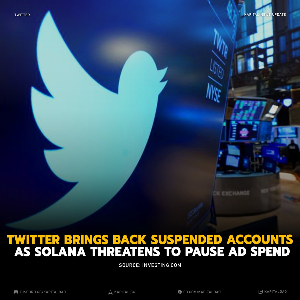 kapital_news's tweet photo. Access to the accounts has been restored. 
Twitter temporarily blocked nine accounts promoting Solana NFTs. This change is being made in preparation for this Friday's release of the y00ts NFT collection. The widely anticipated follow-up to Solana's most successful NFT, DeGods. https://t.co/2vWw12YW82