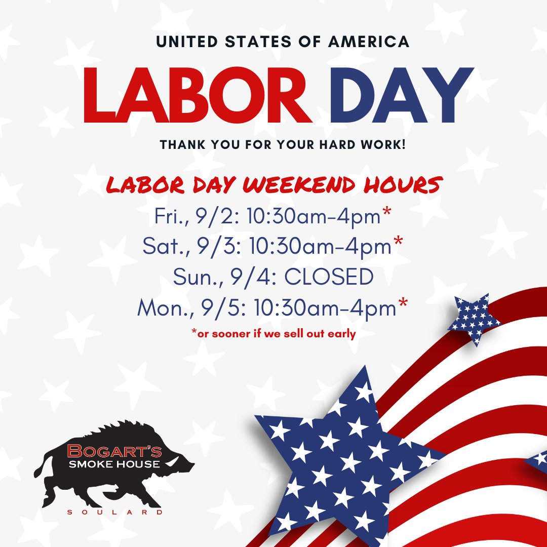 REMINDER 🚨
We are open today, closed on Sunday and OPEN ON LABOR DAY! 🇺🇸

#labordayweekend #bogartssmokehouse #stlouis #soulard #bbq #barbecue #eatlocal #holidayweekend #explorestlouis #stlouisgram #instabbq