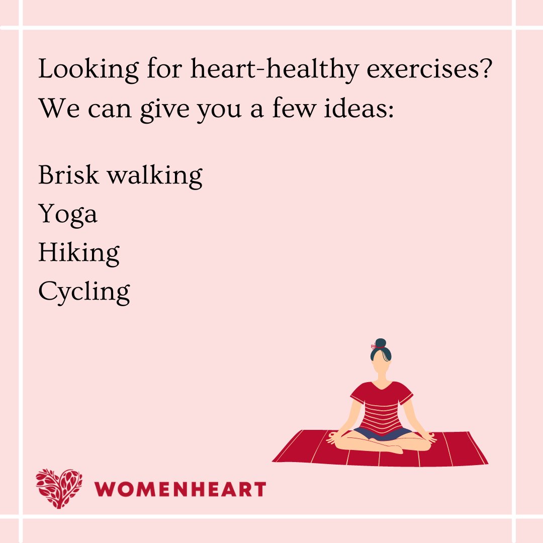 WomenHeartOrg's tweet photo. Looking for heart-healthy exercises? We can give you a few ideas:
Brisk walking
Yoga
Hiking
Cycling
The list goes on! Today, try something new & exercise your heart like never before!
#womenheart #exerciseyourheart #hearthealth https://t.co/lJ8mgsUFMJ