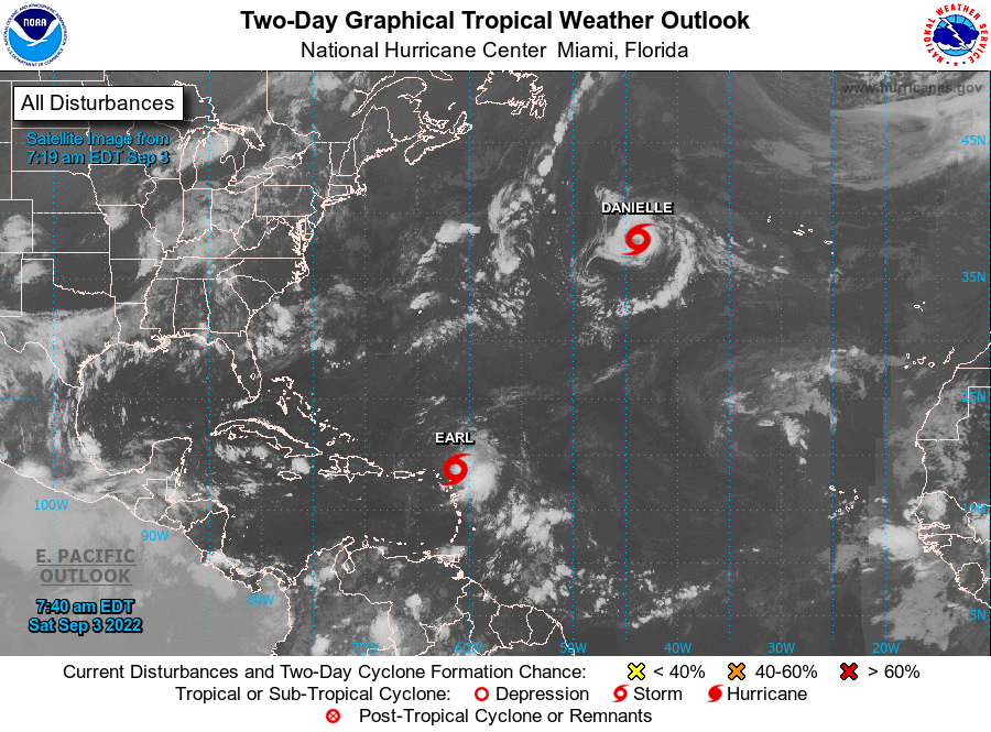 NWSMARFC's tweet photo. Two Tropical Storms, #Danielle and #Earl, are churning in the Atlantic this morning (9/3). Neither system poses much of a threat to the mainland. However, Earl could  bring heavy rain and rapid river rises to the Leeward and Virgin Islands, and Puerto Rico as it passes nearby. https://t.co/i97QEoW9iZ