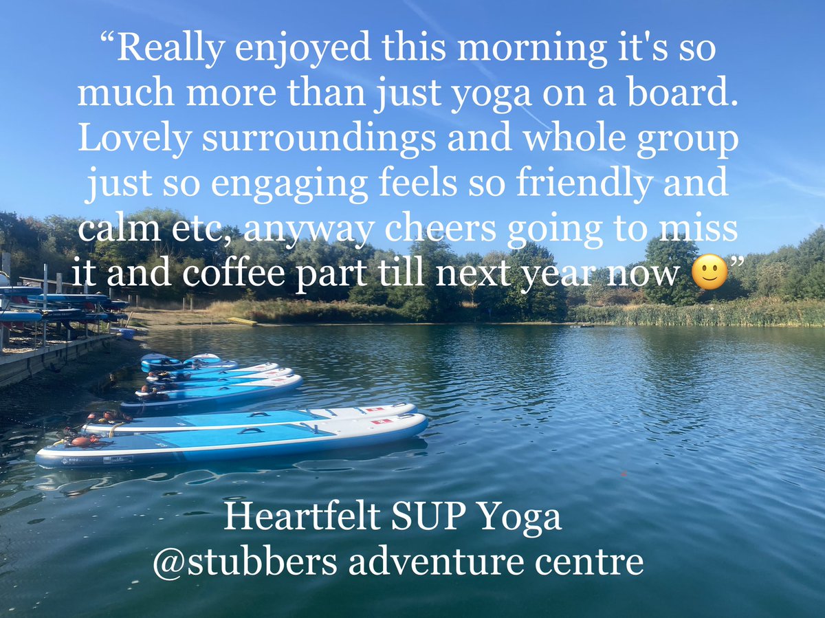 Vikkikavanagh's tweet photo. Lovely to get feedback from R today, the last #SUPyoga session of 2022 for them, whilst we are back at #StubbersAdventureCentre next weekend it’s fully booked. Hoping the weather will be as kind as was perfect today. #paddleboardyoga #essex https://t.co/WRGzxleLXf